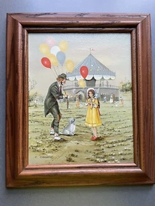 Clown Oil Painting C. Carson Girl Balloons Dog Circus Tent 11”x 13” Frame Cert. - Picture 1 of 6