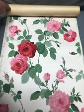 Single VTG Antique Roll 19" Large Red & Pink Roses Floral Wallpaper Old 656-24B