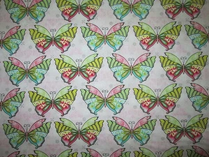 Butterfly Rows Pastels Butterflies Pinks Greens Teals Cotton Fabric FQ  - Picture 1 of 6