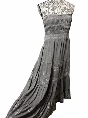 Lucky Brand Women's XL Cotton Knit  Tiered Maxi  Cut Out Back Gray Floral New - Image 1 of 4