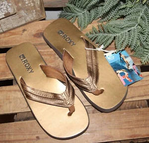 NWT ROXY Metallic Golden Bronze Shimmer SZ 8 Leather Flip Flops Slip On Sandals - Picture 1 of 5