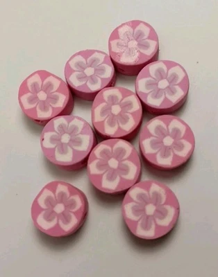  Flowers Pink 12mm Flat Round Fimo Polymer Clay Beads 10 pcs Jewelry Making Craf - Image 1 of 4