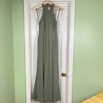 Платье BHLDN Anthropologie Juliana размер 4 зеленое макси с открытой спиной с бретелью через шею с разрезом сбоку - Изображение 1 из 4