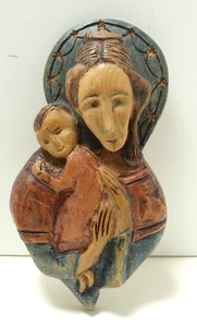 Vintage Volkskunst Jungfrau Maria handgeschnitzt polychrom Holz Wandbehang ~ 10"x6" - Bild 1 von 13