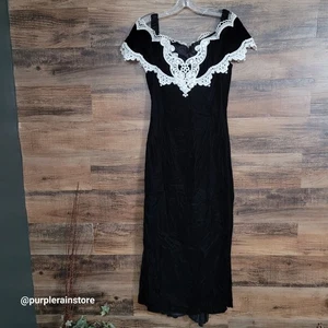 Vtg Jessica McClintock Crushed Velvet Lace Maxi Dress 11 12 Dark Coquette - Picture 1 of 11