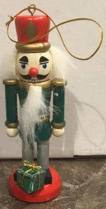 Vintage Green Jacket Red Hat Present Wood Nutcracker Soldier 4.75" T Ornament - Picture 1 of 4