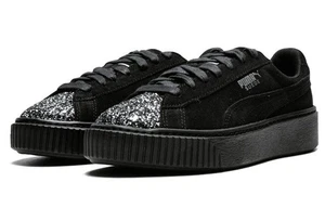 MUJER TALLA 9.5 Puma Gamuza Plataforma Gem Aplastado Negro Plata Tenis 365866 01 - Imagen 1 de 5