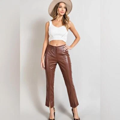 Pantalones para mujer Wildfox de imitación de cuero marrón medio tiro alto pierna recta nuevos sin etiquetas Foto 1 de 4