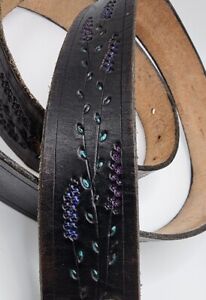 Vintage Hand Tooled Leather Belt Black Lavender Flowers 1.5" Wide 42" Long Snap