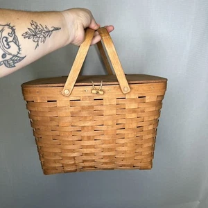 Longaberger 1986 canasta de picnic grande retirada con asas elevadoras bisagras de cuero - Imagen 1 de 12