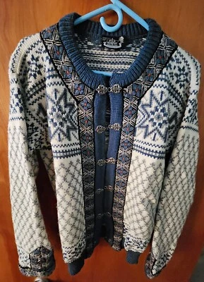 Woman’s Blue & White Large Wool Sweater By Dale of Norway-Oslo Sweater Shop - Image 1 of 4
