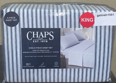 CHAPS by Ralph Lauren 6pc King Sheet Set w/4 Pillowcases White Navy Blue Stripe - Image 1 of 4