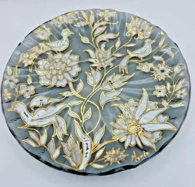 Plato estilo asiático pintado a mano blanco y dorado sobre placa de vidrio transparente 9" firmado Foto 1 de 4