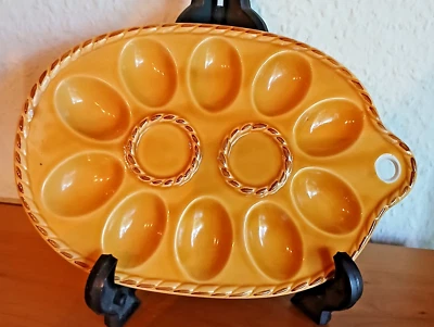 Eierteller Senfgelb  Keramik  Vintage 70-iger Jahre Eierplatte oval 10 1/2 Eier - Bild 1 von 2