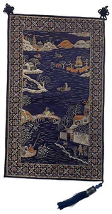 Chinese Silk Embroidered Tapestry Wall Hanging Art Panel Village Life 11x24” - Picture 1 of 8