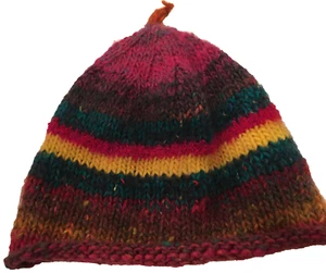 Hand Knitted Beanie Hat Y2K Vintage Colorful Unlined Nepal Boho Apre Ski Cap - Picture 1 of 4