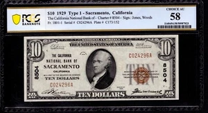 1929 $10 CALIFORNIA NATIONAL BANK NOTE CURRENCY SACRAMENTO PCGS B CHOICE AU 58 - Picture 1 of 4