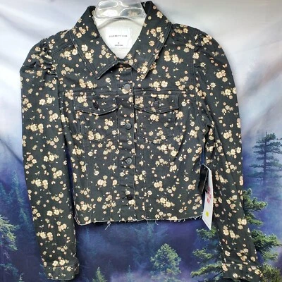 NEW Celebrity Pink Womens Size Small Puffsleeve Denim Jean Jacket Black Print - Image 1 of 4