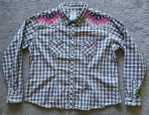 Panhandle Rough Stock Western Plaid Embroidered Pearl Snap Women's Shirt XXL - Picture 1 of 20