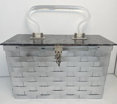 复古 50 年代 DORSET REX 编织金属和 Lucite 手提包 银色 红色 — 第 1/4 张图片