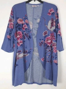 Quacker Factory Open Cardigan Sweater Womens 2X Blue Floral Birds Rhinestones - Picture 1 of 11