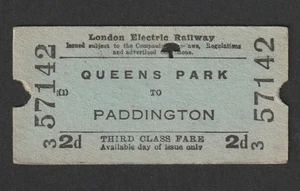 VINTAGE 1932 LONDON ELECTRIC RAILWAY QUEENS PARK TO PADDINGTON TRAIN TICKET - Foto 1 di 2