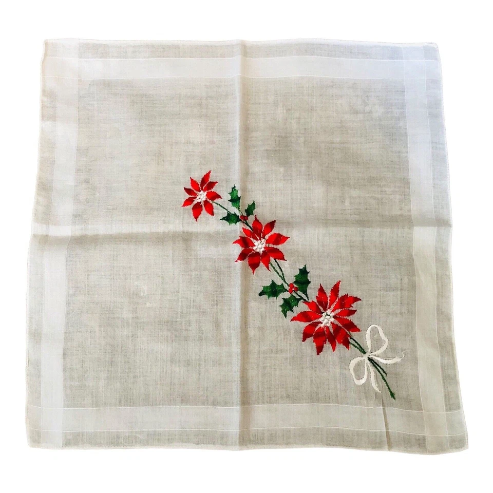 Pañuelo bordado de Navidad de colección Poinsettia Hankie lino Suiza Foto 1 de 4