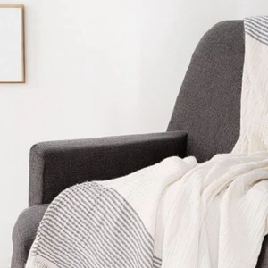 47" X 60" Gray and Ivory Cotton Woven Striped Throw Blanket with Fringe - Picture 1 of 11