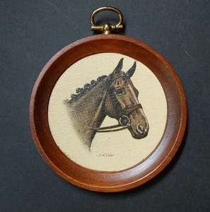 RARE Fred Sitzler SIGNED Horse Portrait on Wood Medallion 3.25 Inch Wall Mount - Picture 1 of 2