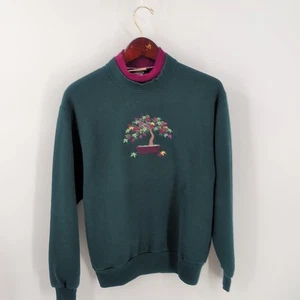 VTG Y2K Top Stitch  Morning Sun Double Collar Bonsai Tree Sweatshirt Green Sz S - Picture 1 of 10