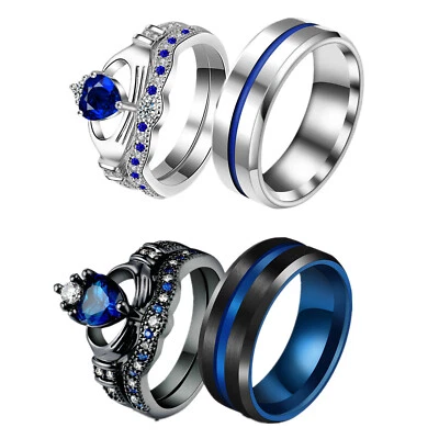 Conjunto de anillo nupcial para pareja para hombres ranura azul y mujeres corazón circonita cúbica alianza de compromiso de boda Foto 1 de 4