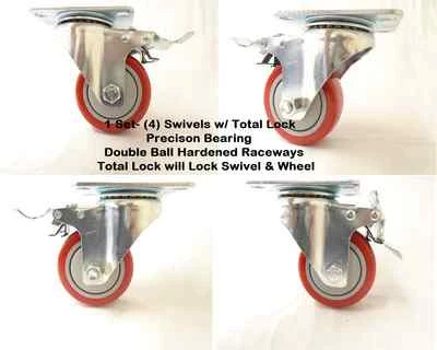 CREATIVE INDUSTRIAL SALES 3" x 1-1/4" Swivel Casters Polyurethane Wheel w/ Total Lock Brake 300 lbs Ea(4)