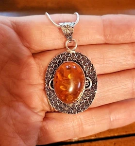 Baltic AMBER Gemstone 925 Sterling Silver Pendant 18" Necklace #124D - Picture 1 of 3