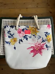 Joules Light Blue / Cream Floral Cotton Bag W/ Pink Lining Tote Shoulder Bag VGC - Picture 1 of 7