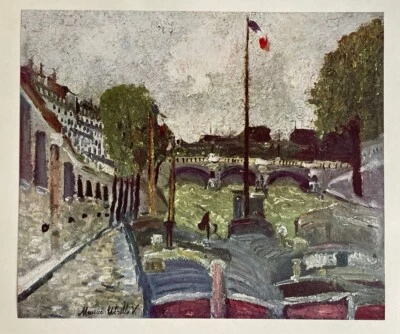 Impresión artística francesa vintage de Maurice Utrillo 1953 sin marco escena de río 11x14,6 Foto 1 de 4
