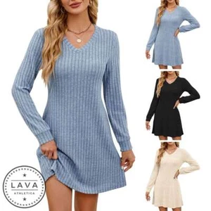 Women Sweater Knit V-Neck Warm Midi Dress Long Sleeve Casual ALine Sweater Dress - Picture 1 of 15