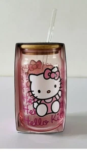 HELLO KITTY Pink Glass Tumbler Bamboo Wood Lid & Straw 16 Oz Sanrio Travel Cup - Picture 1 of 5