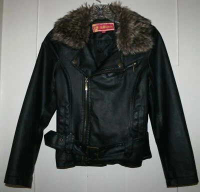 Kids Black Faux Leather Jacket with Faux Fur Collar Girl's Size Large 14 - Image 1 of 4