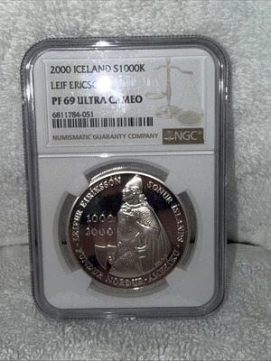 2000 ICELAND $1000K Silver Leif Ericson NGC PF 69 UC  - Image 1 of 4