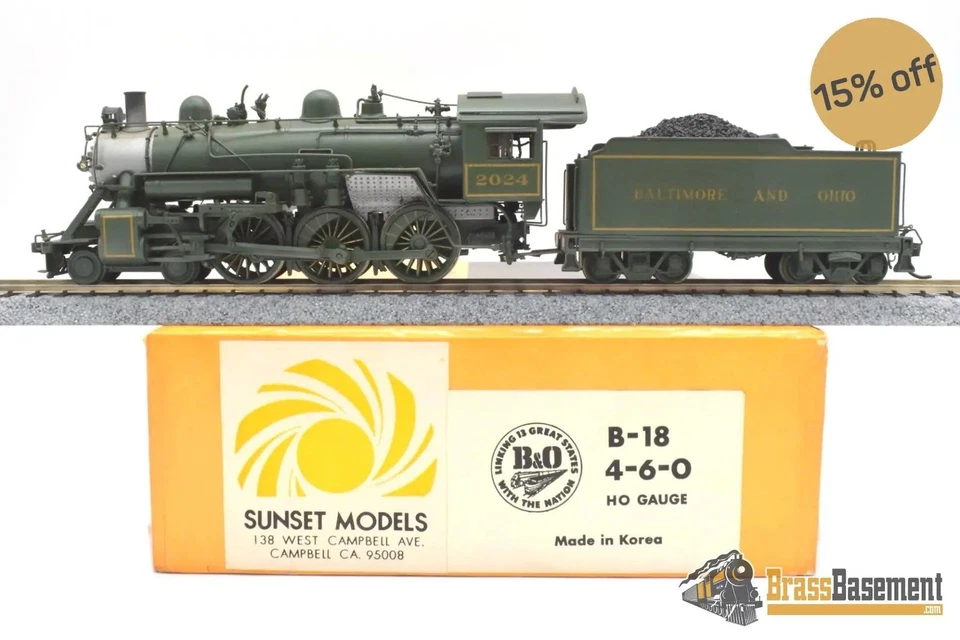 HO Brass - Sunset B&O Baltimore & Ohio B-18 4-6-0 #2024 - Custom Painted Green - Image 1 of 4