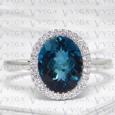 4.50Ct Oval Cut Natural Topaz and Diamond Halo Design Ring 18K White Gold Plated - Image 1 of 4