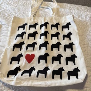 IKEA Cotton Hasthage Dala Horse Heart Tote Bag Eco Reusable Shopper White Black - Picture 1 of 3