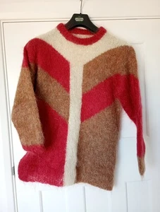 Ladies Ivory-red-brown Mix Hand Knit Mohair Blend Jumper Size 12 /36" - Picture 1 of 15