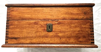 Antique Wood Dovetailed Chest Box Document Sewing 10x6x5" Original Lock & Key - Image 1 of 4
