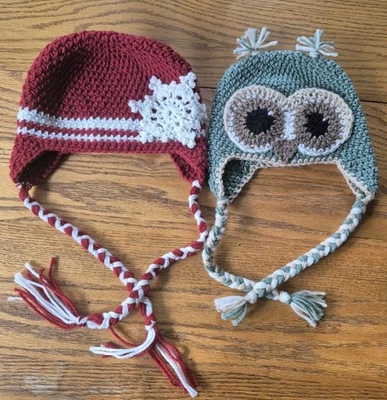 2 sombreros tejidos hechos a mano para niños búho copo de nieve sin etiquetas Foto 1 de 4