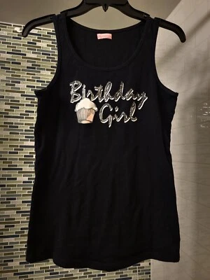 BIRTHDAY GIRL Tank Top GLITTER CUPCAKE Ribbed Black/Pink Large + FREE SHIPPING! - Image 1 of 4