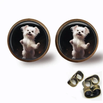 Aretes valientes maltés cachorro perro engaste de bronce en 3 tamaños hechos a mano Foto 1 de 4