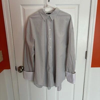 Camisa masculina Zara com botões creme e cinza com listras tamanho XL - Imagem 1 de 4