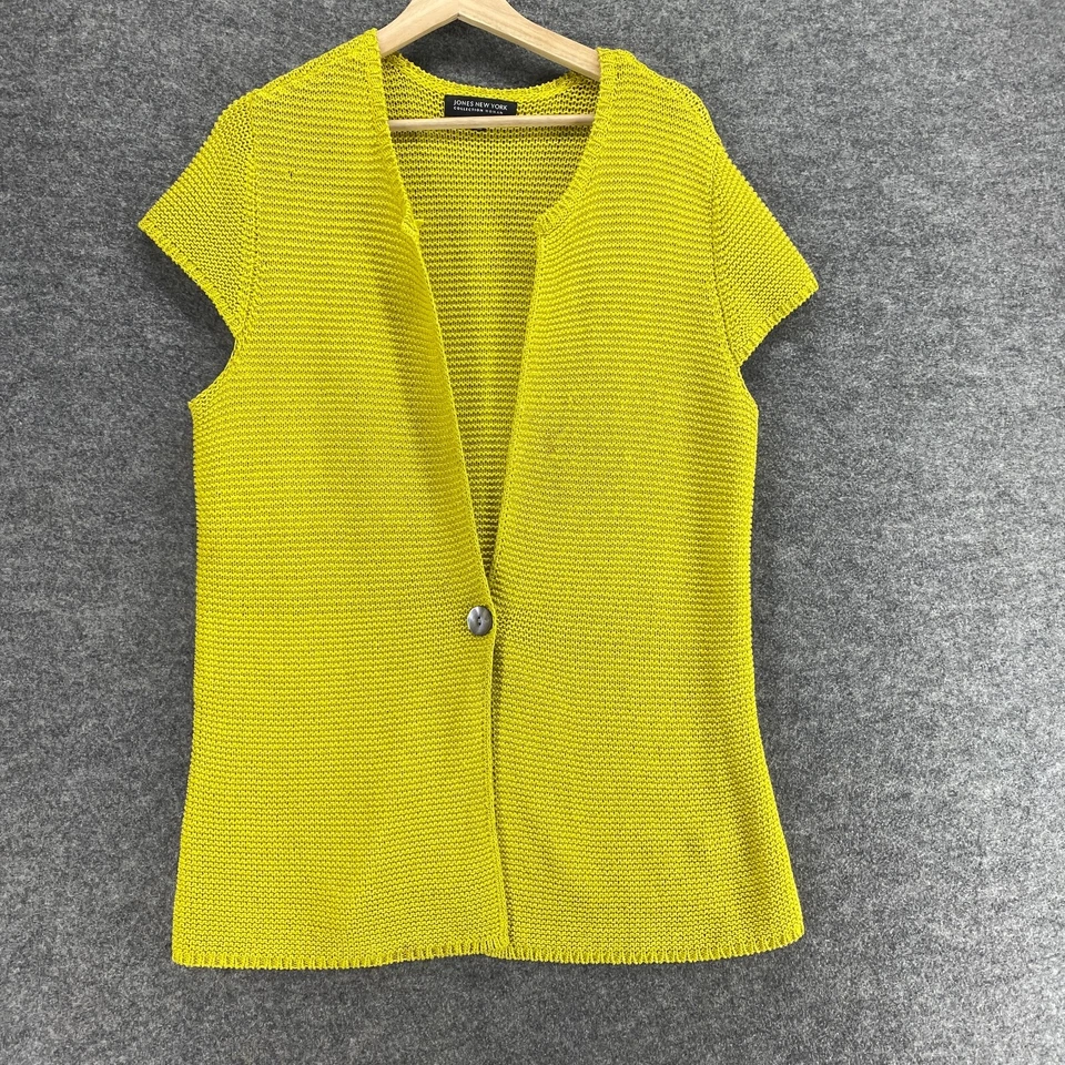 Jones New York Cardigan Women 0X Plus Yellow Knit One Button V-Neck Short Sleeve - Image 1 of 4