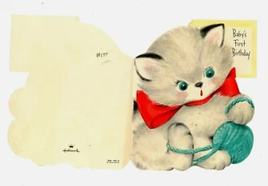 Cravatta fiocco filato gattino biglietto auguri compleanno fustellato vintage usato bambino 1° - Foto 1 di 4